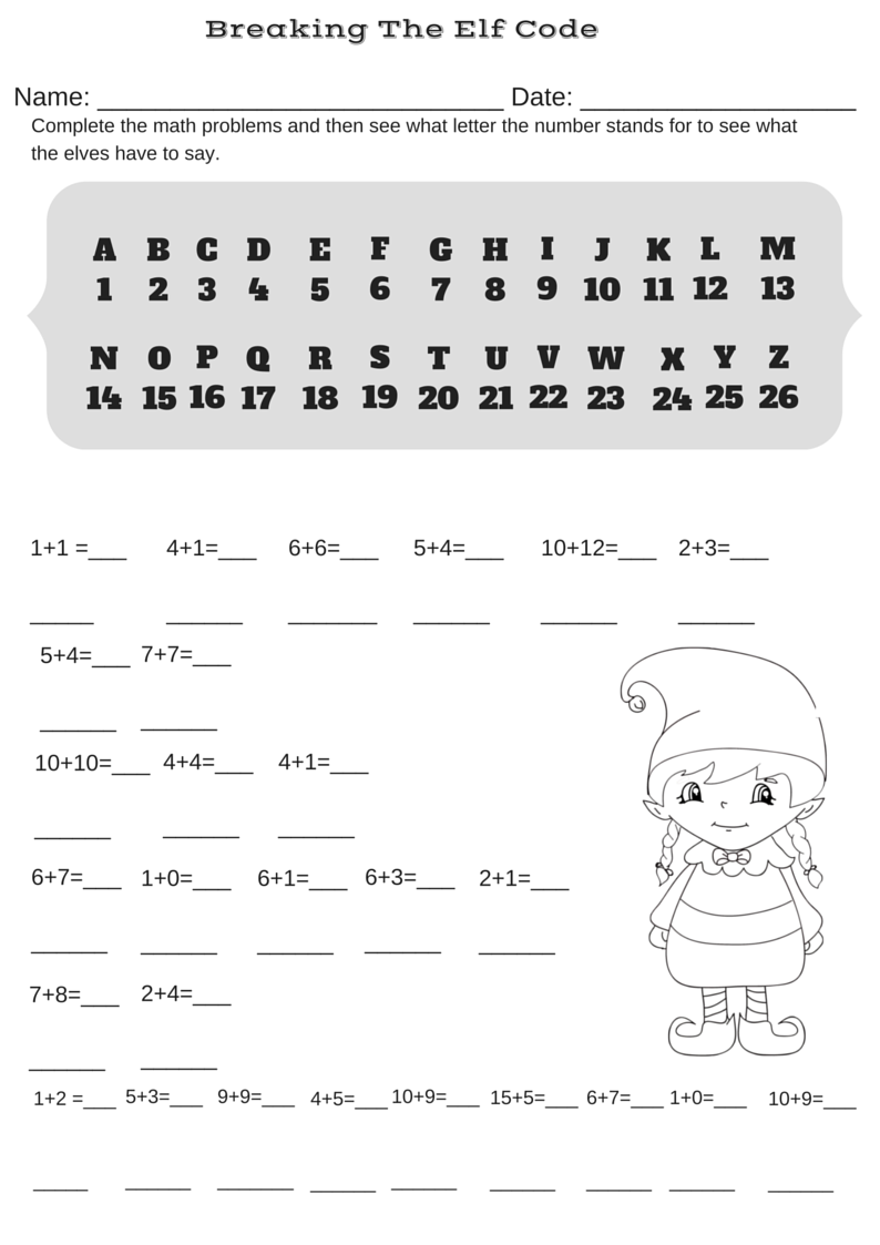 Addition Christmas Code Breaker Worksheet. Break The Elf