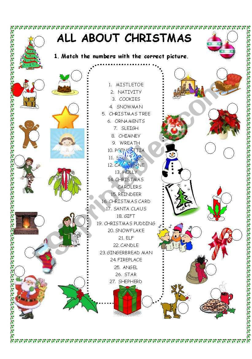 All About Christmas Worksheet - Matching - Esl Worksheet