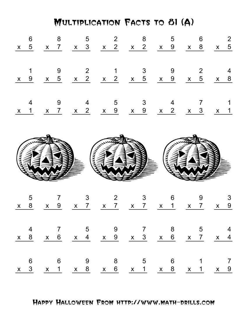 All Operations -- Multiplication Facts To 81 (A) | Halloween