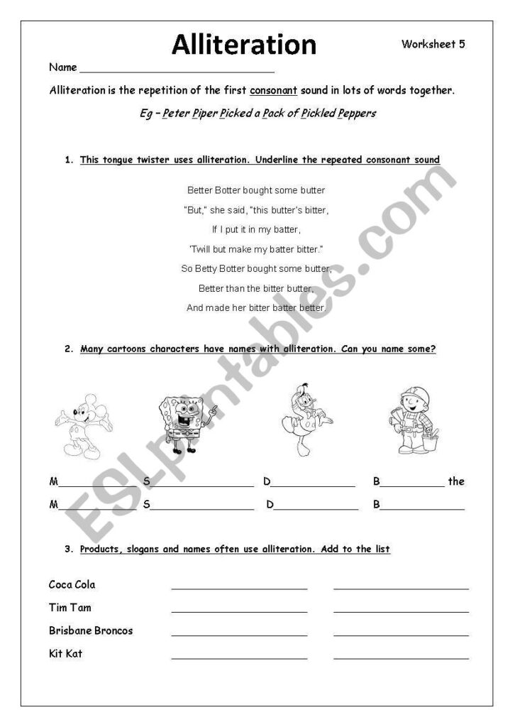 Alliteration   Esl Worksheetwonderless Land