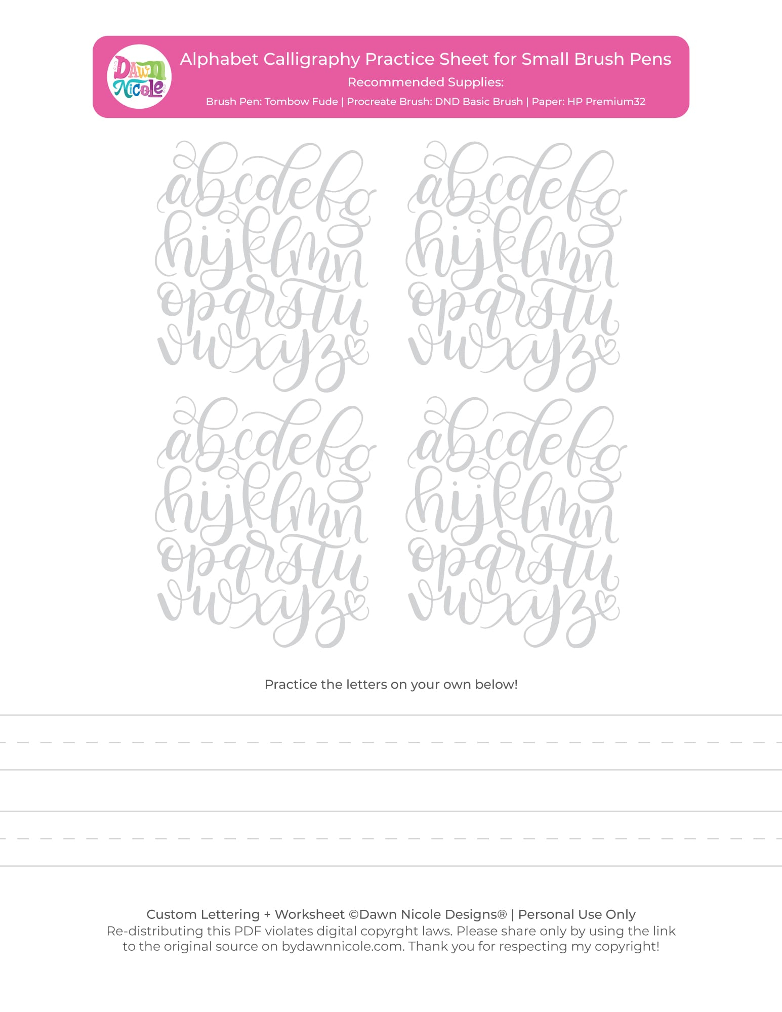 Alphabet Calligraphy Free Practice Sheets Dawn Nicole