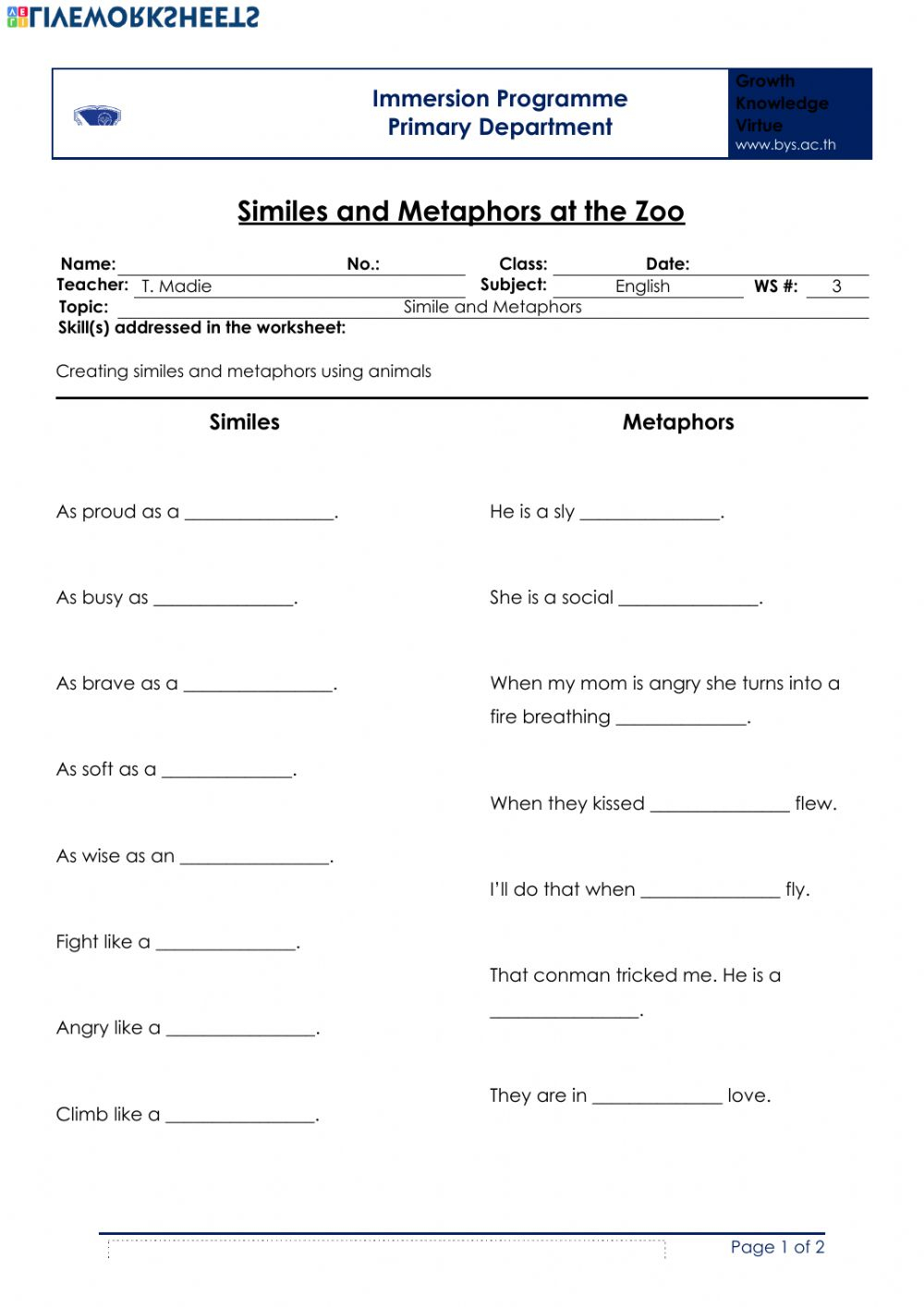 Similes And Metaphors Worksheet