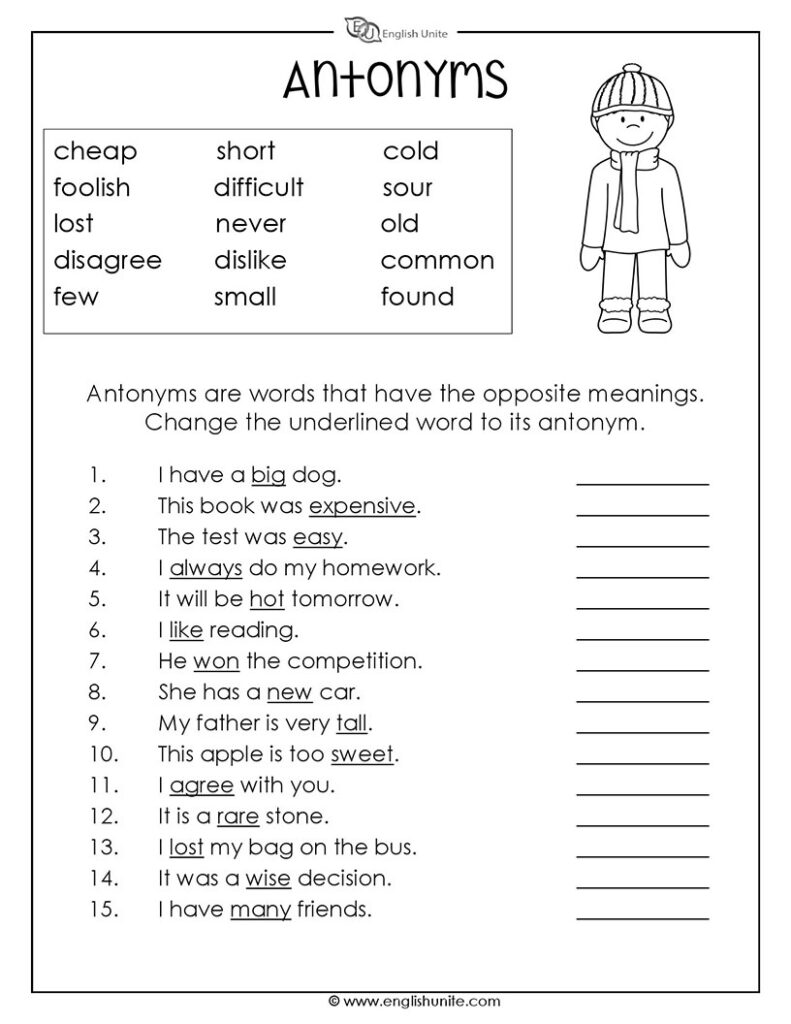 Antonyms Worksheet 1   English Unite