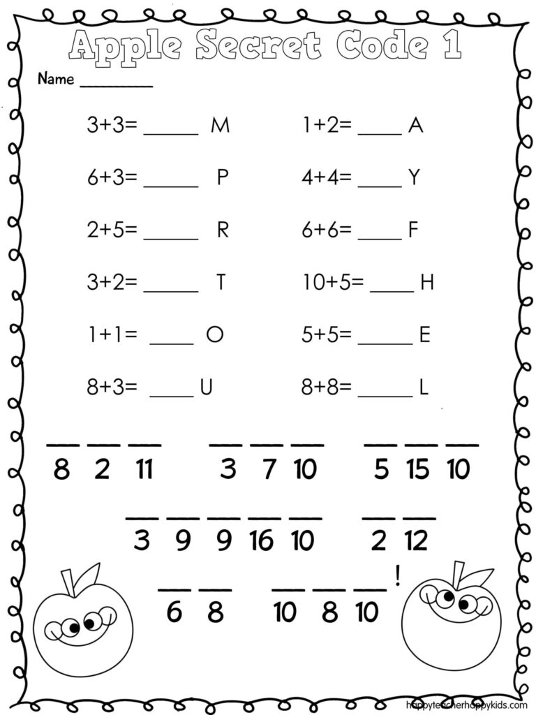 Apple Math Secret Code Fun Worksheets With Hidden Answer