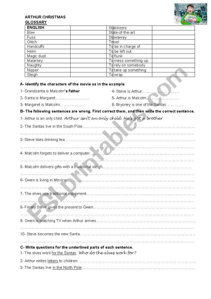 Arthur Christmas Worksheet & Key   Esl Worksheetjesuspavon