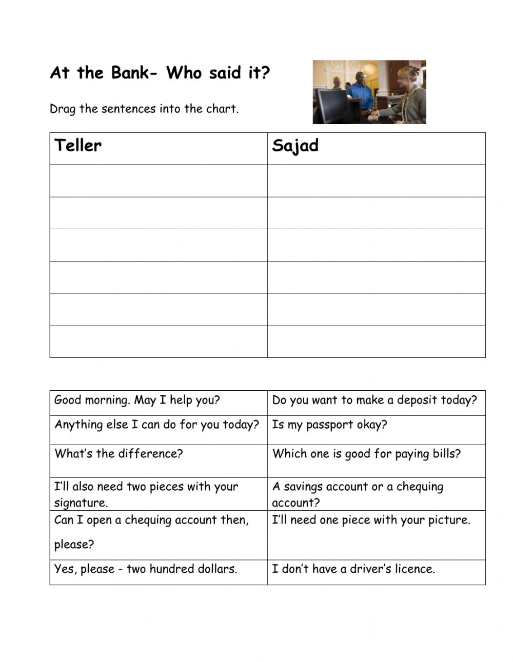 At The Bank Who Said It? Worksheet