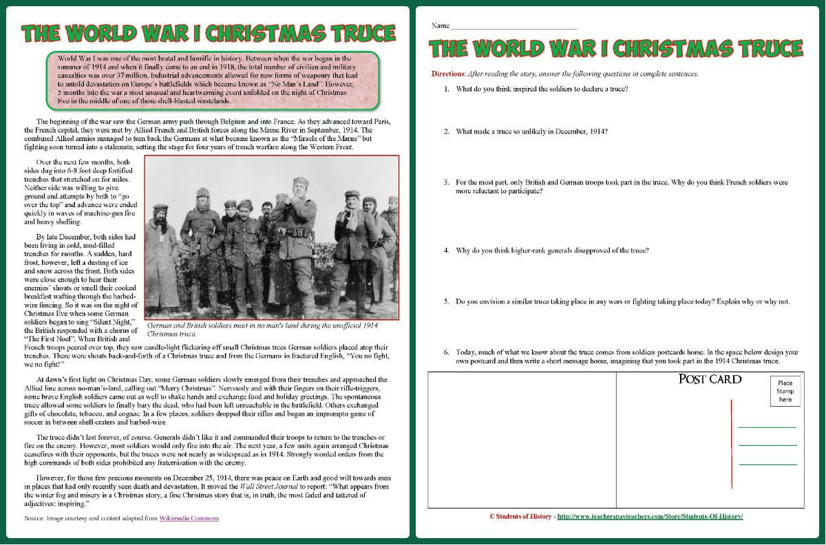 The World War 1 Christmas Truce Worksheet Answers