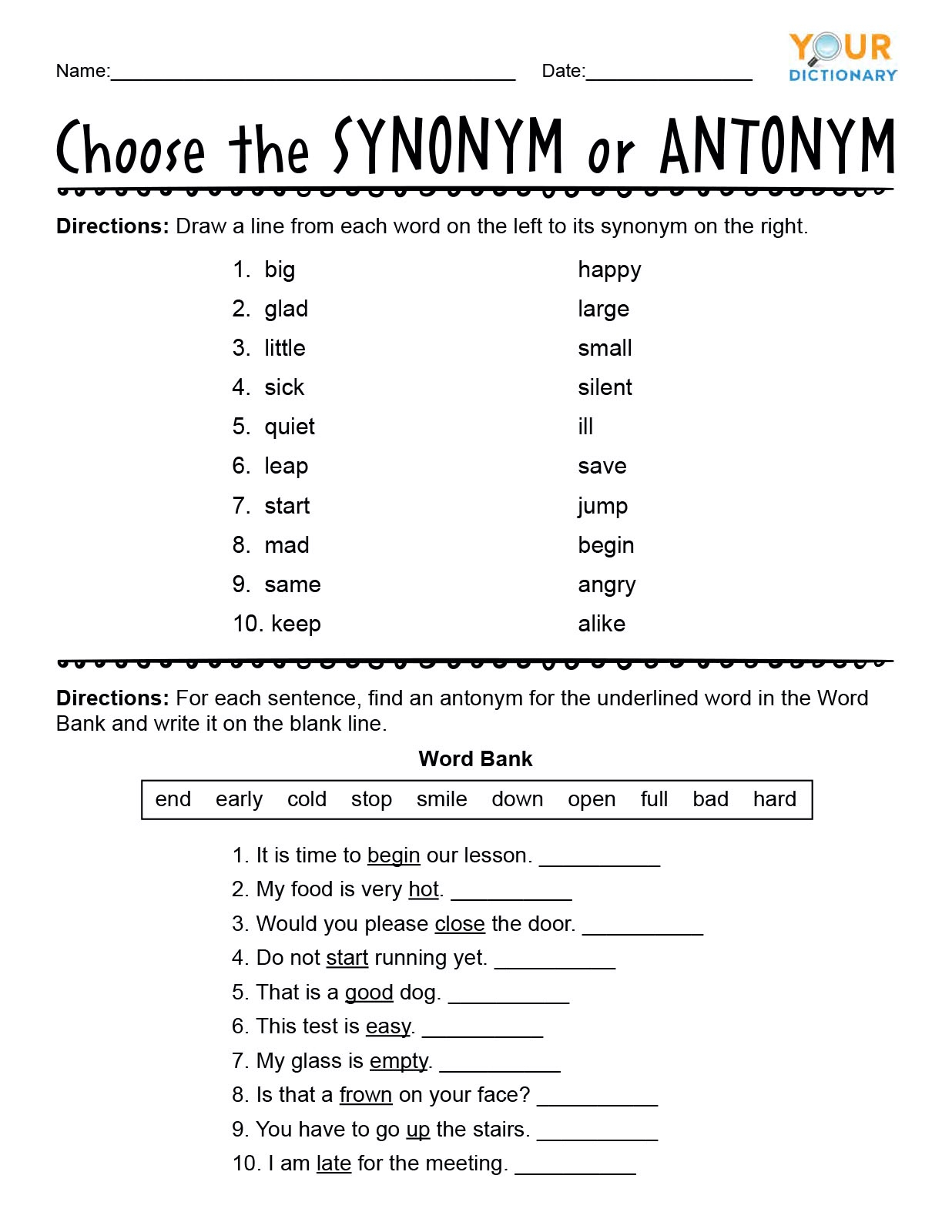 English Worksheets Synonyms Antonyms