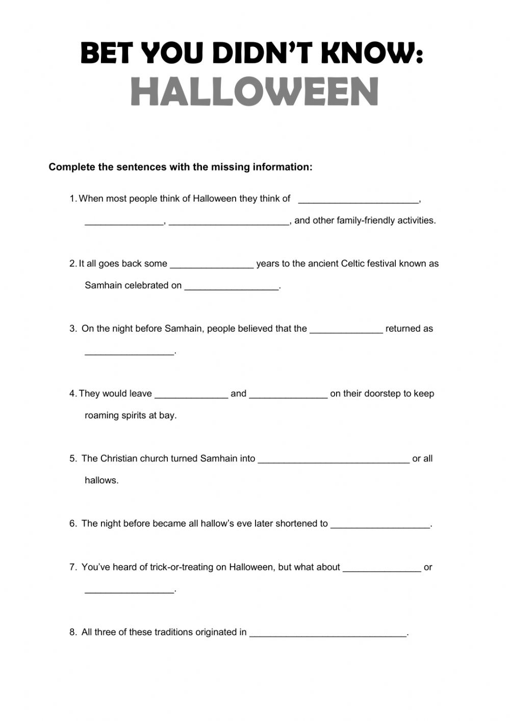 Bet You Didn&amp;#039;t Know: Halloween Interactive Worksheet
