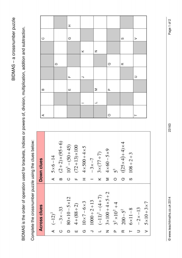 Bidmas – A Crossnumber Puzzle | Order Of Operations, Solving