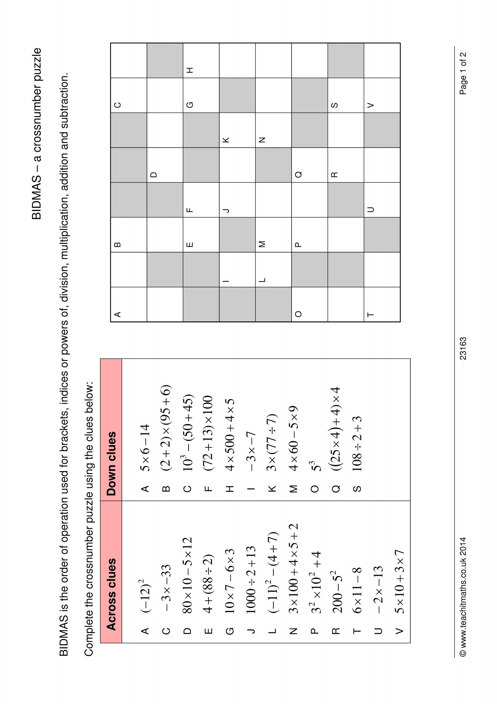 Bidmas – A Crossnumber Puzzle | Order Of Operations, Solving