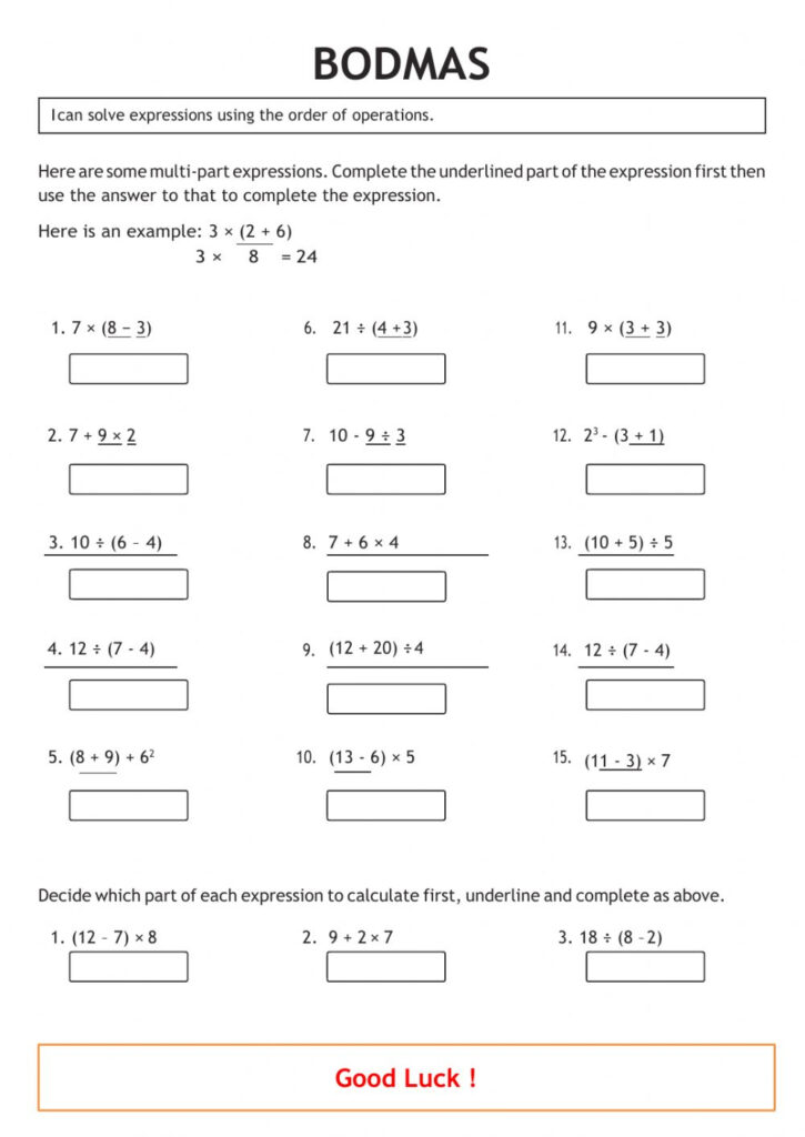 Bodmas Interactive Worksheet