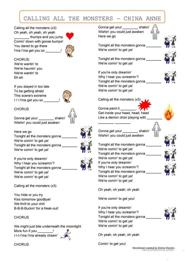 Calling All The Monsters: Halloween Song Worksheet   English