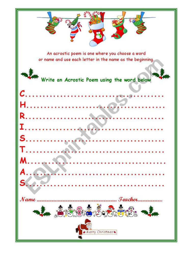 Christmas Acrostic   Esl Worksheetvenezababi