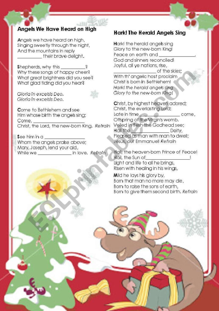 Christmas Activity   Gapped Carols Lyrics   Esl Worksheet