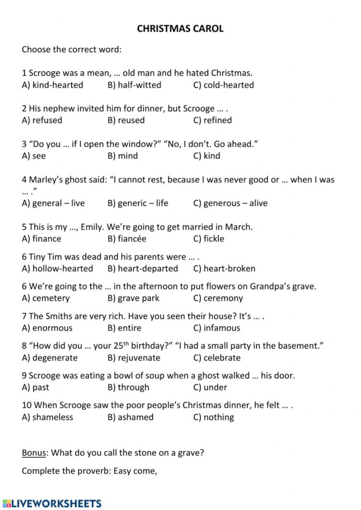 Christmas Carol   Vocabulary Worksheet