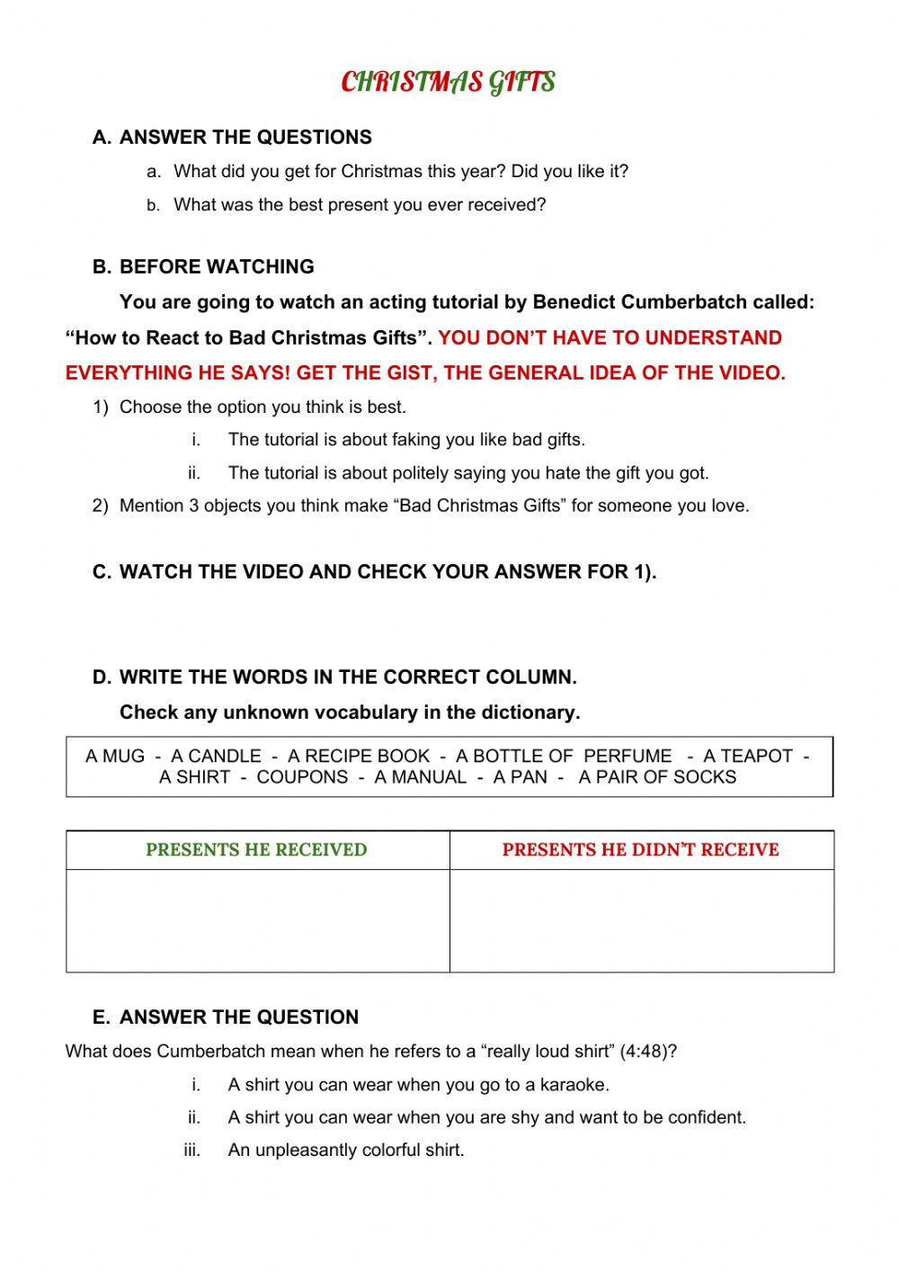 Christmas Gifts Worksheet