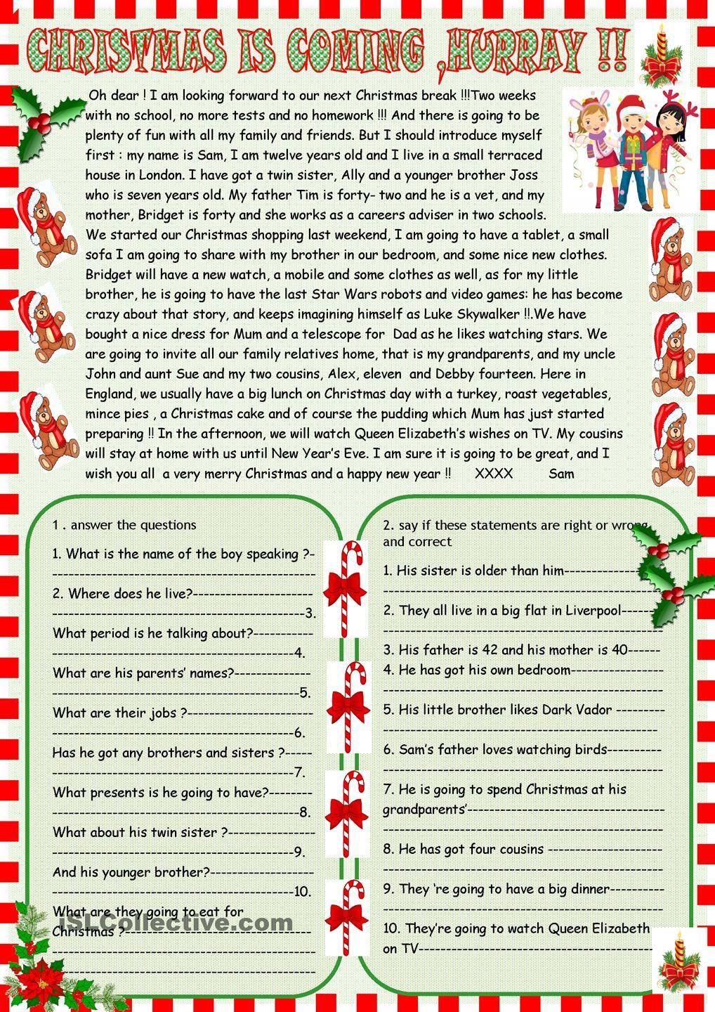 Christmas Is Coming : Reading Comprehension | Christmas