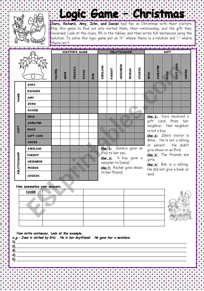 Christmas Logic Game (Key Included) - Esl Worksheetyume05