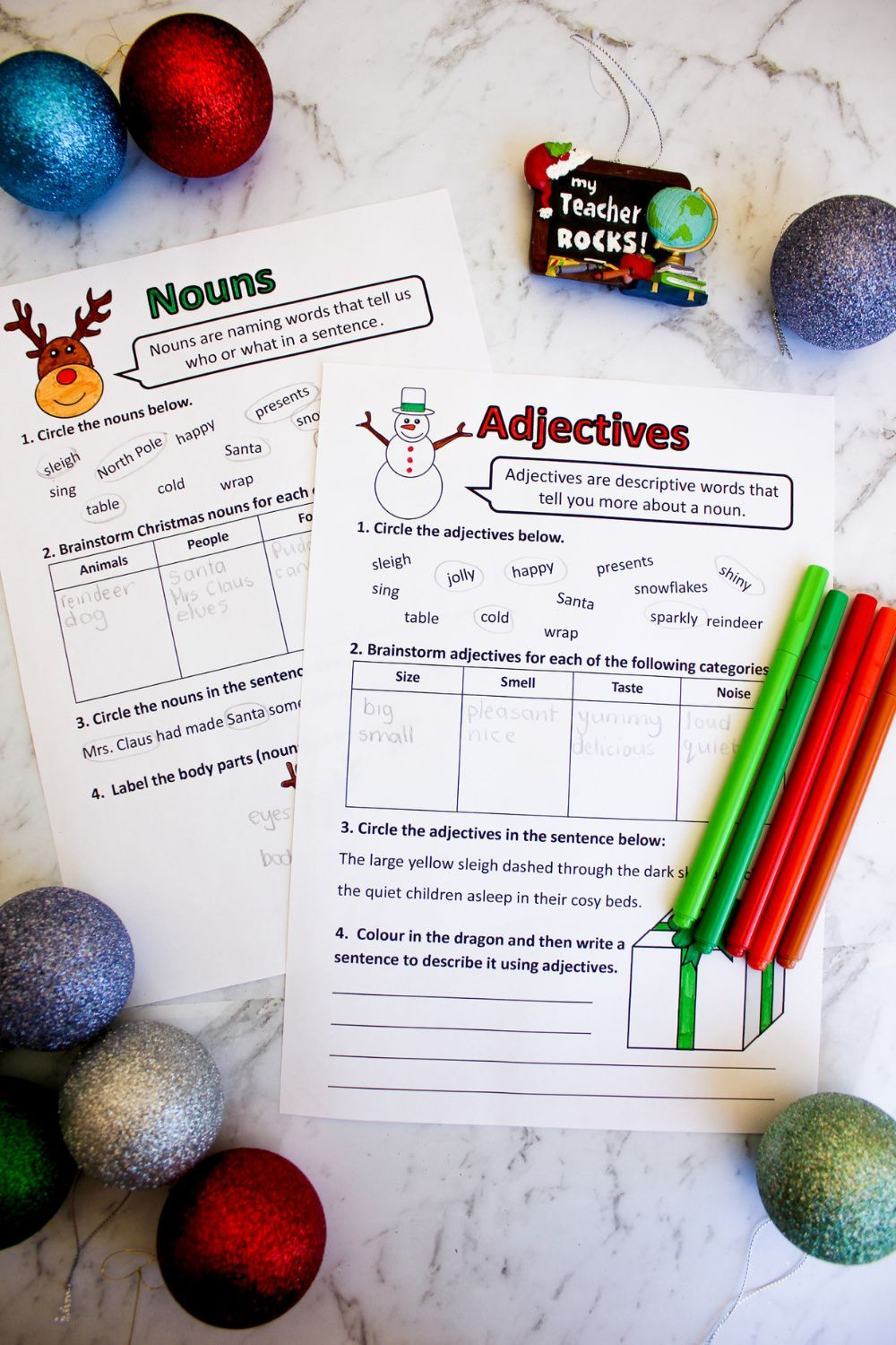 Christmas Parts Of Speech (Grammar) Worksheets- Nouns, Verbs