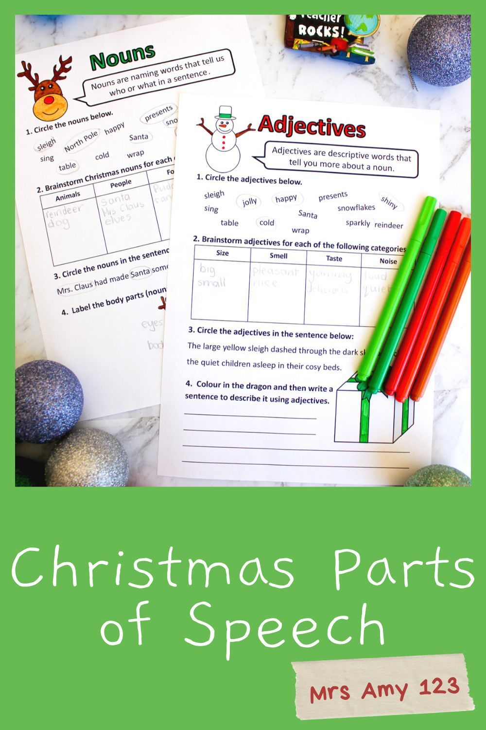 Christmas Parts Of Speech (Grammar) Worksheets- Nouns, Verbs