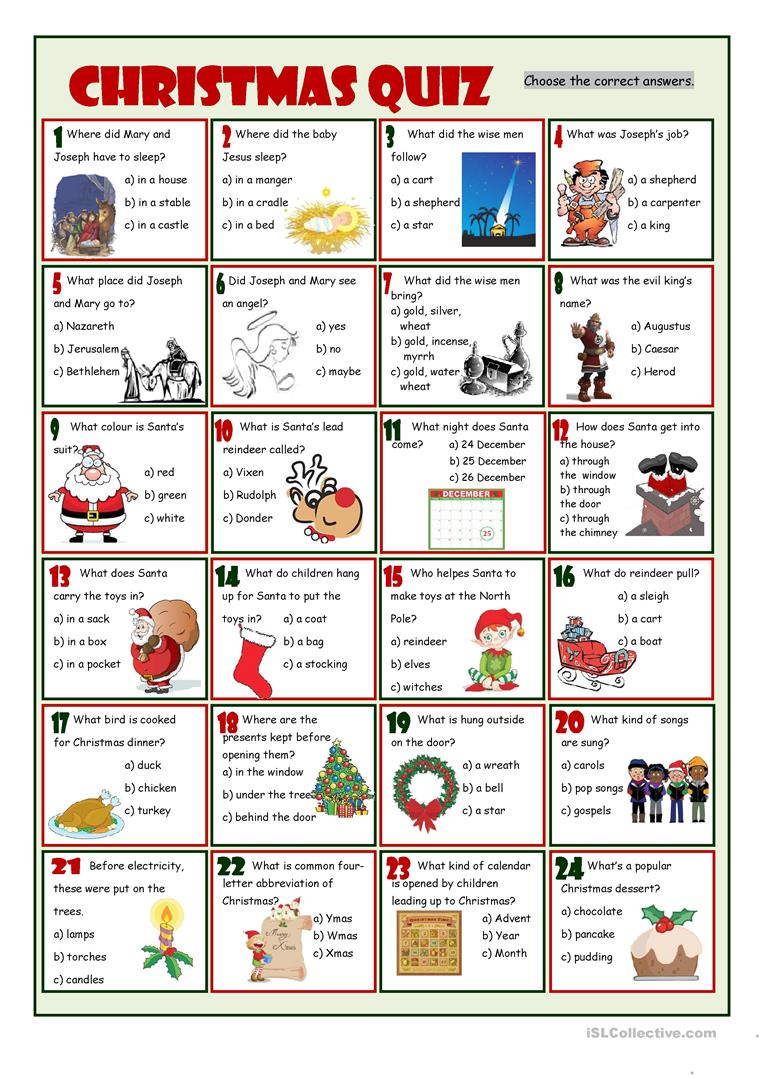 Christmas Quiz - English Esl Worksheets For Distance
