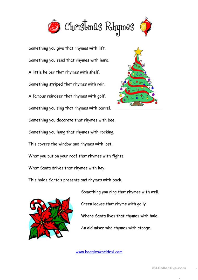 Christmas Rhymes - English Esl Worksheets For Distance