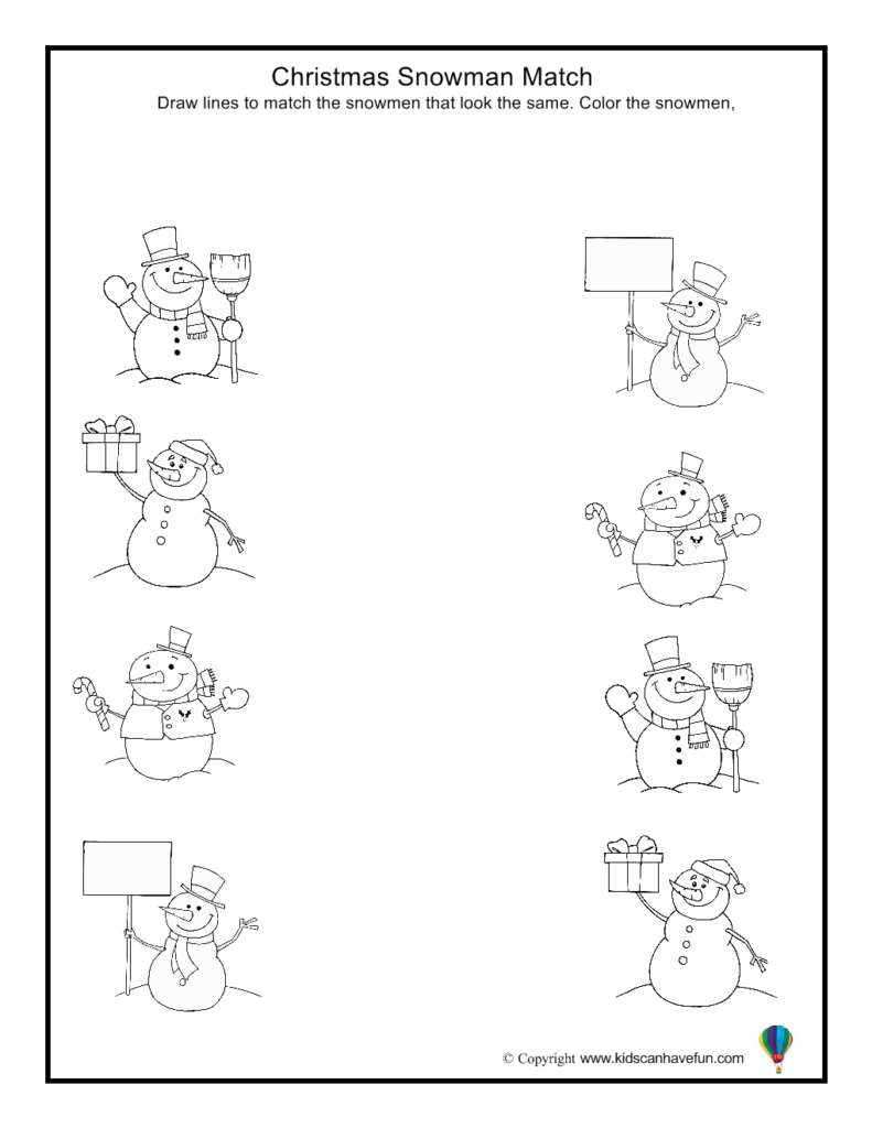 Christmas Snowman Match Worksheet | Inverno Pré Escolar