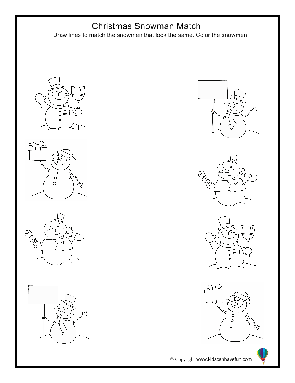 Christmas Snowman Match Worksheet | Winter Preschool, Winter