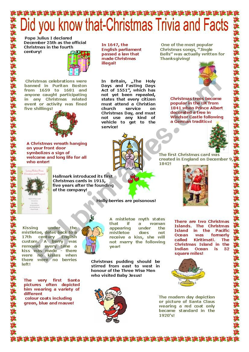 Christmas Trivia And Facts - Reuploaded - Esl Worksheet
