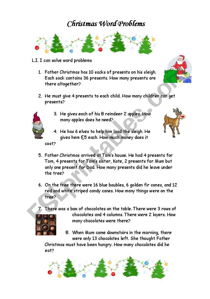 Christmas Word Problems - Esl Worksheetemmywest2011