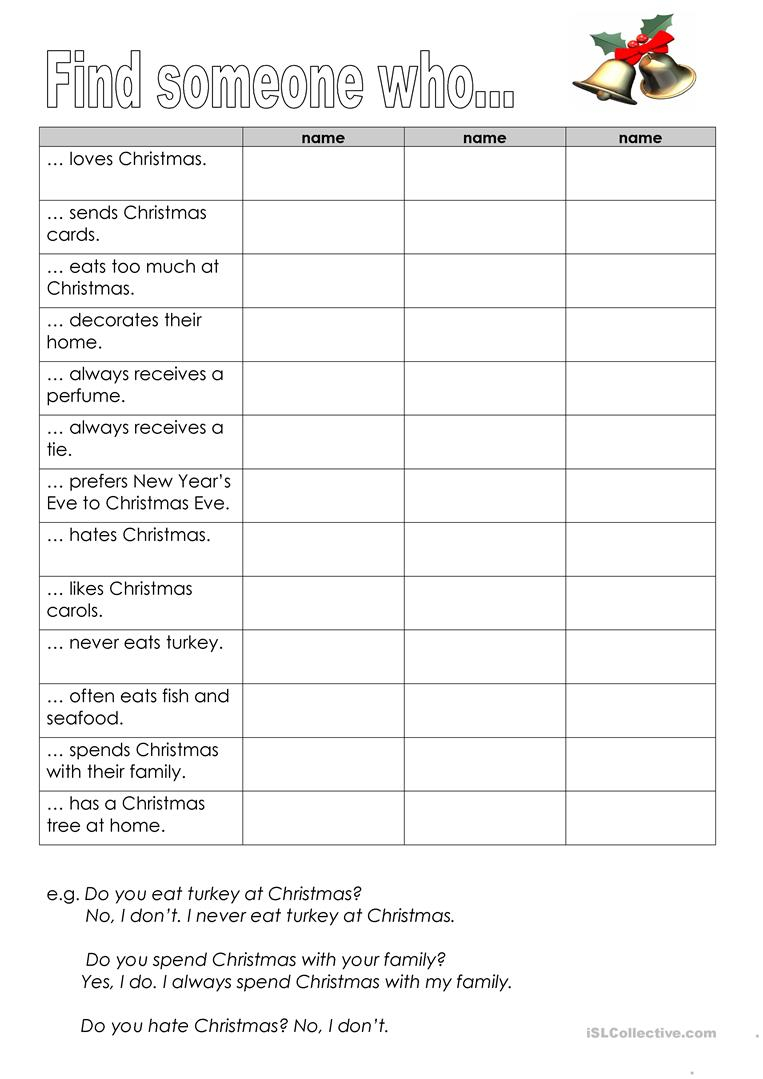 Christmasy Find Someone Who - English Esl Worksheets For