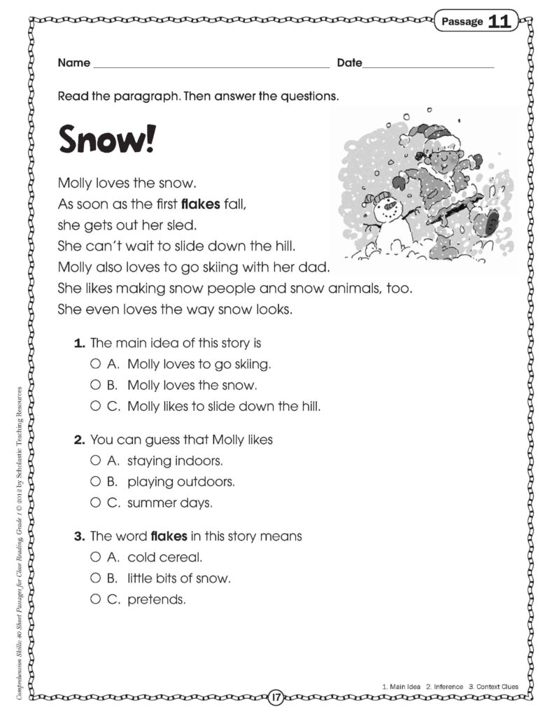 Close Reading For Grade One | Comprehension Worksheets