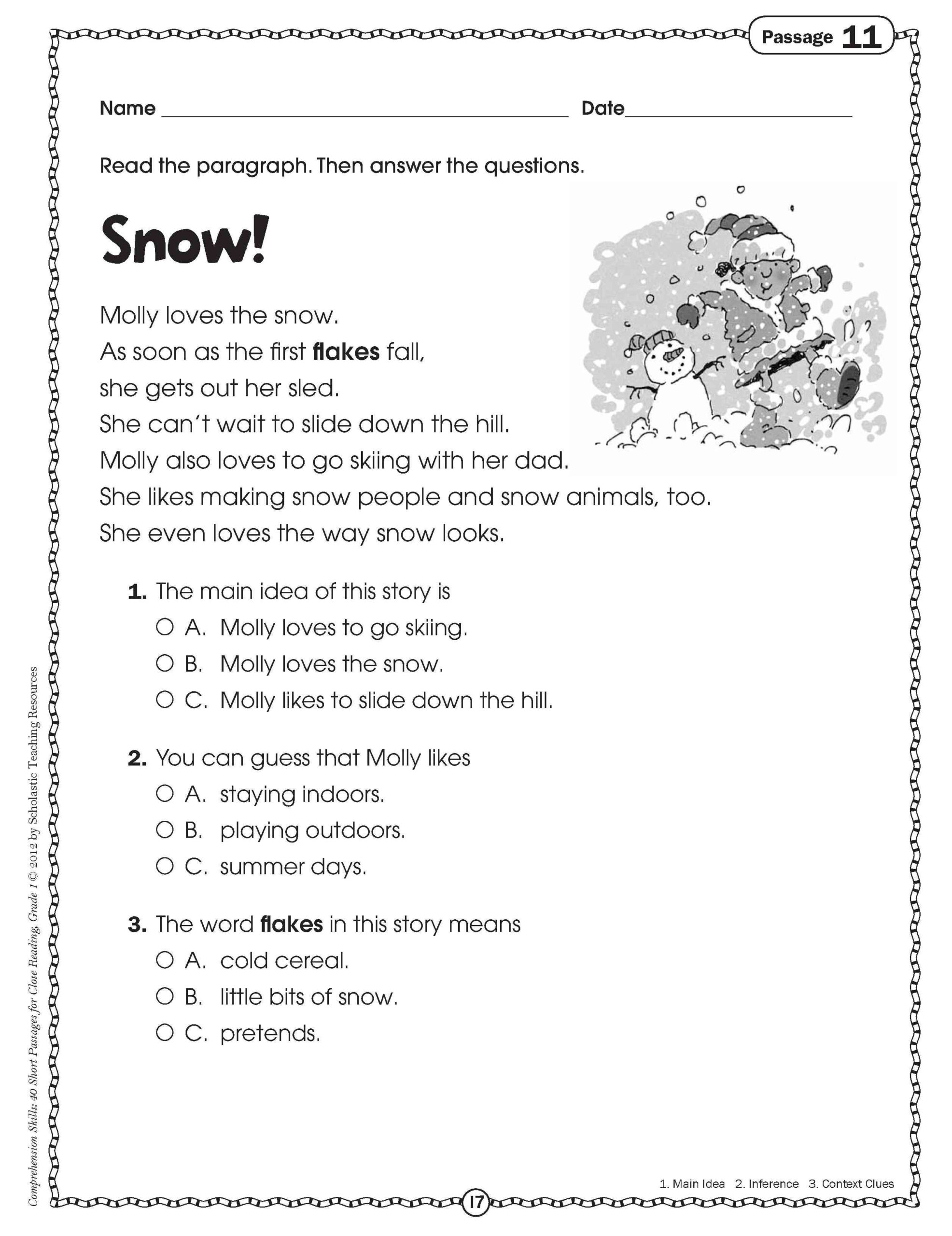 Close Reading For Grade One | Comprehension Worksheets