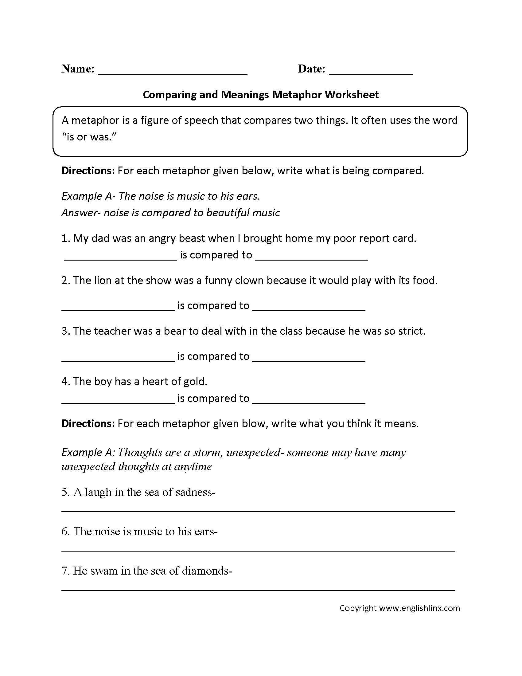 Comparing And Meanings Metaphor Worksheet | Similes And