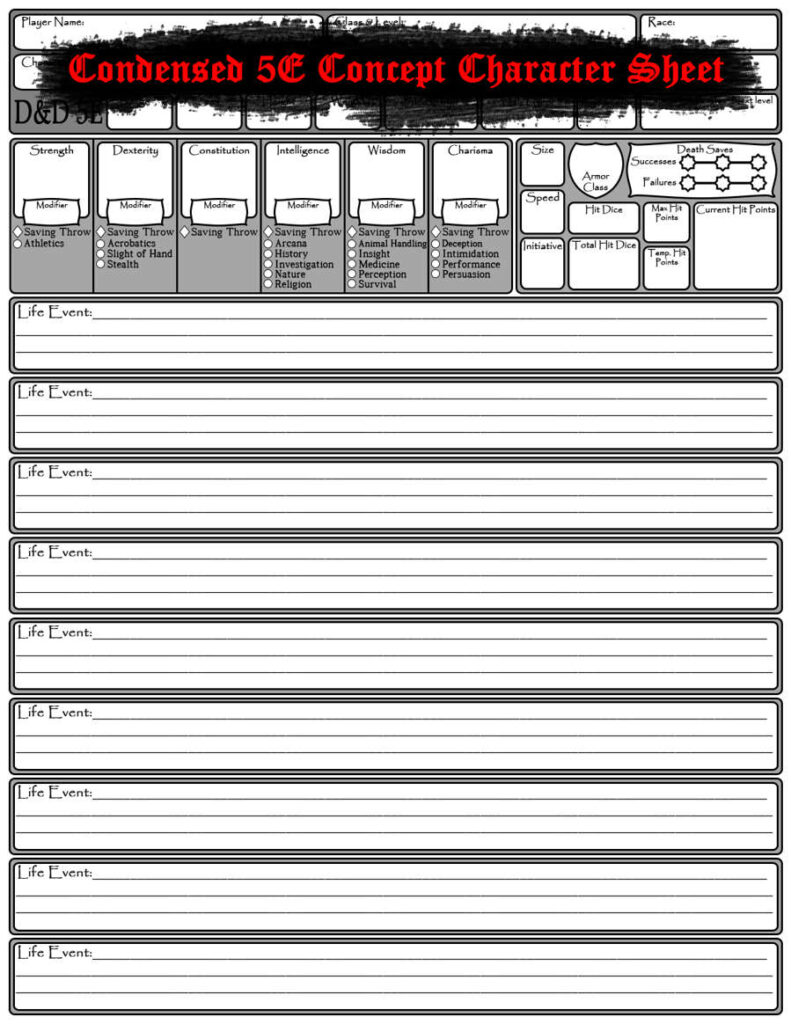 Condensed 5E Concept Character Sheet   Dungeon Masters Guild