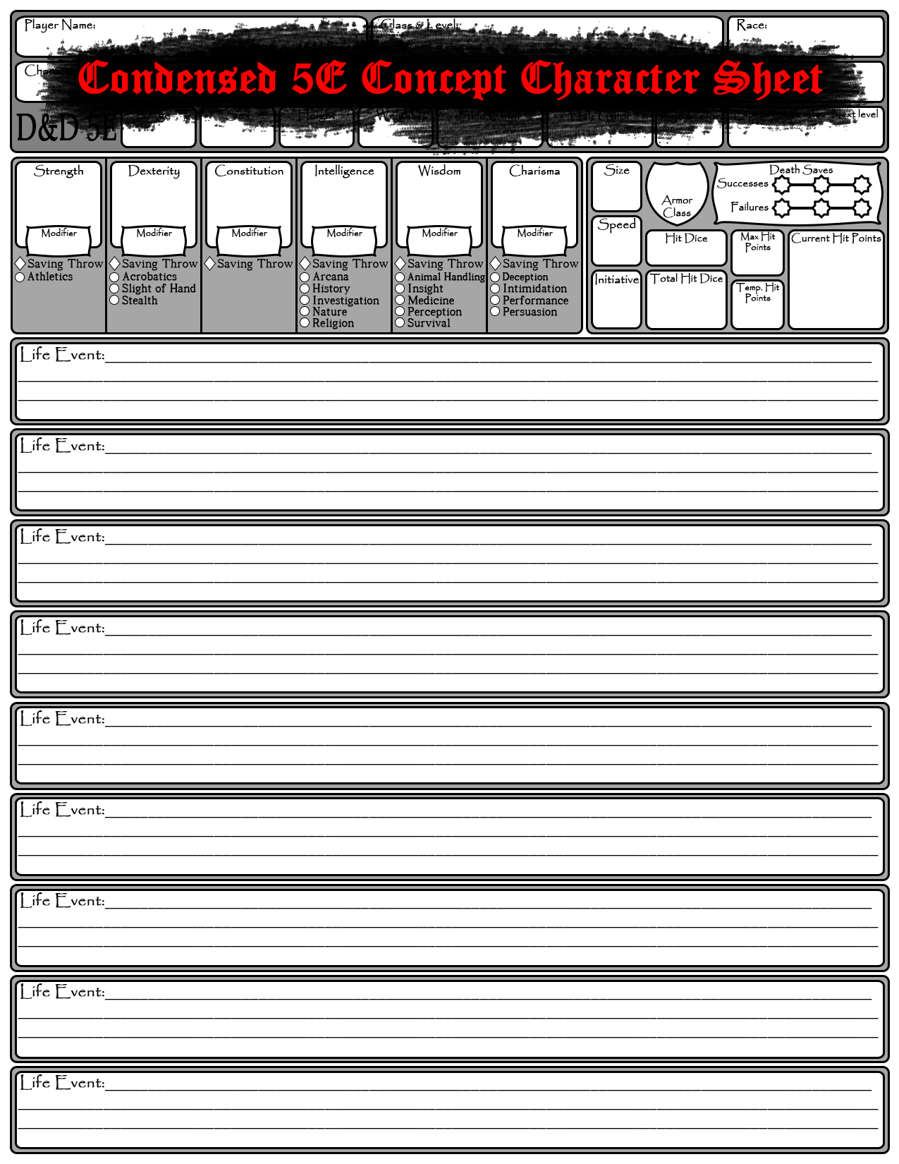 Condensed 5E Concept Character Sheet - Dungeon Masters Guild