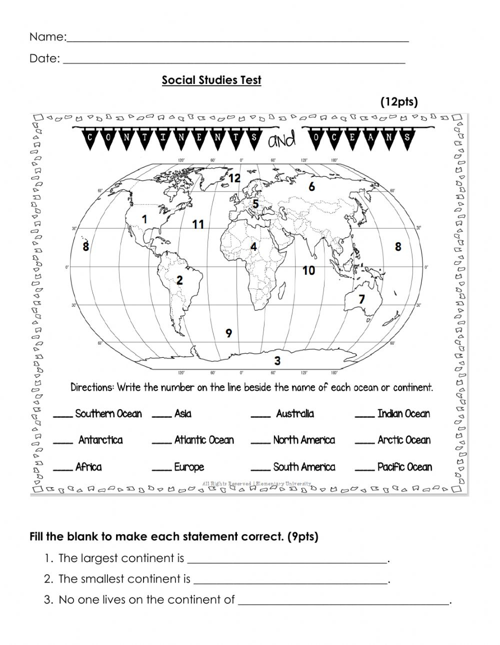 Continents And Oceans And Map Skills Worksheet