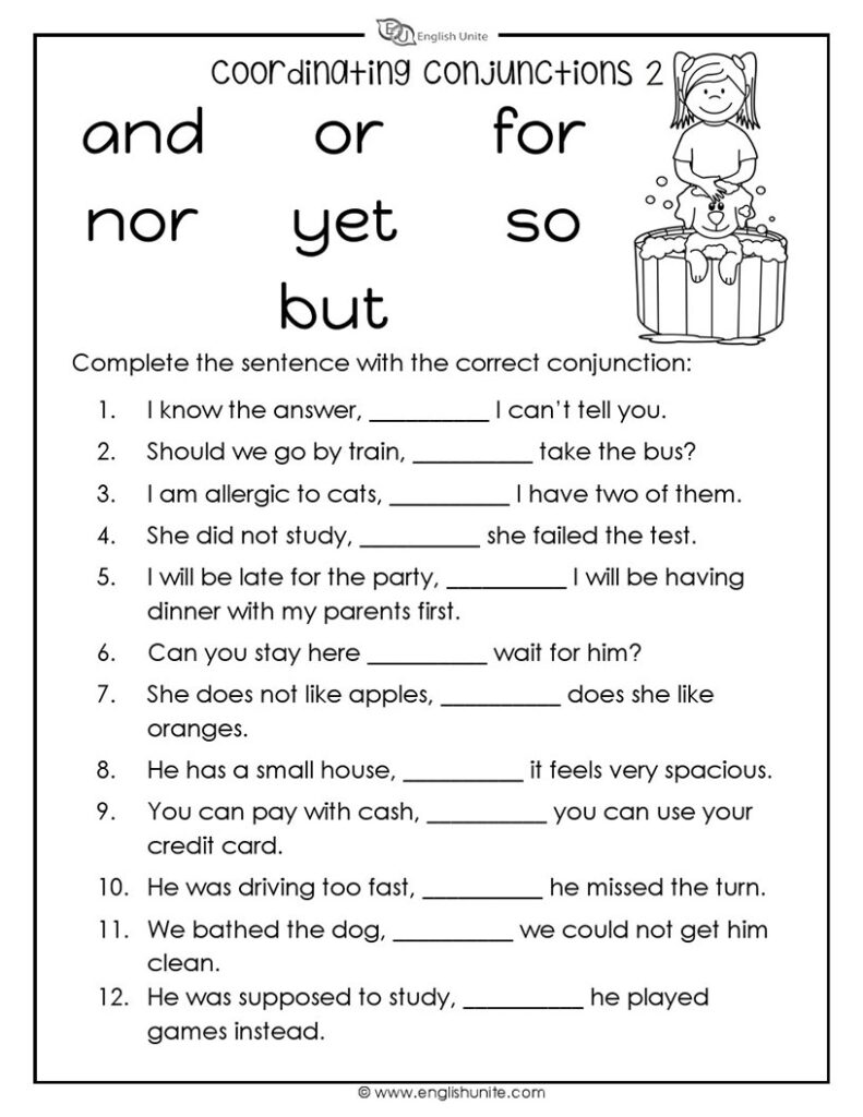 Weekly Grammar Worksheet Conjunctions Answer Key