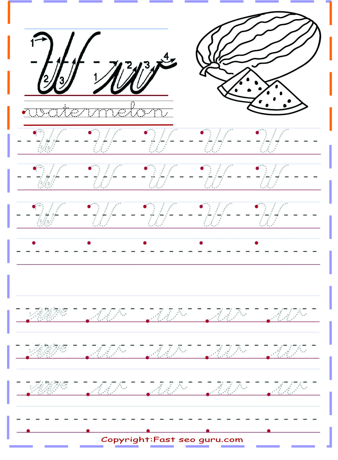 Cursive Handwriting Tracing Worksheets Letter W For