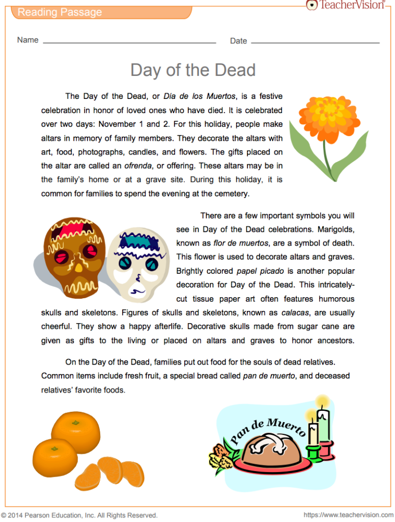 Day Of The Dead Reading Passage & Vocabulary Printable