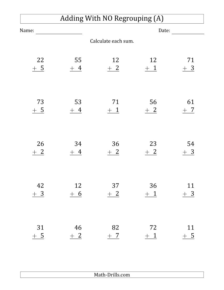 Digit Plus Addition With No Regrouping Worksheets 2Digit