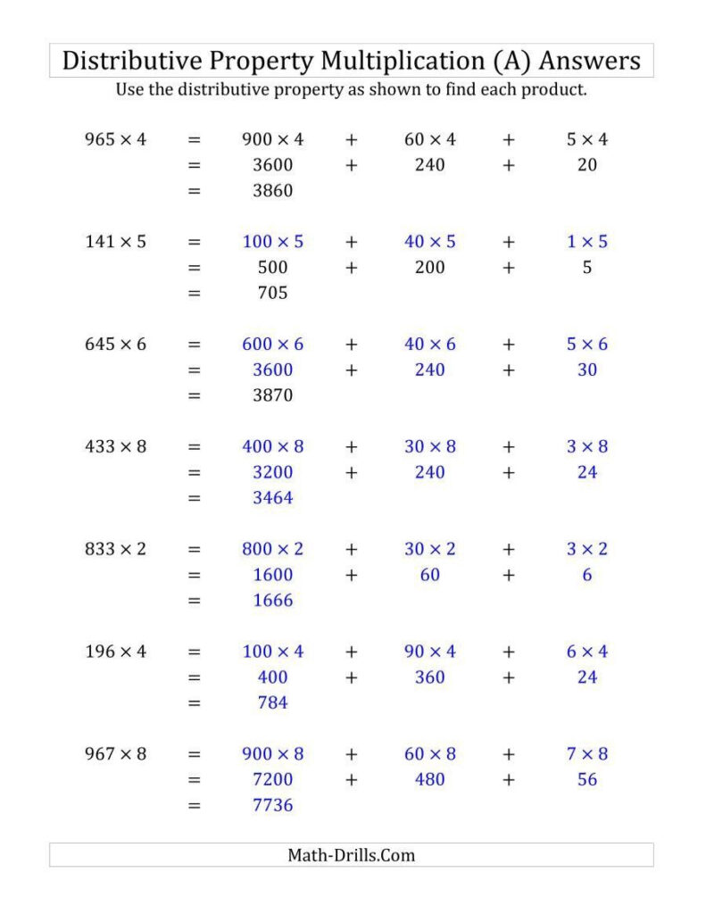 Distributive Property Worksheets Grade 3 Multiply 3 Digit