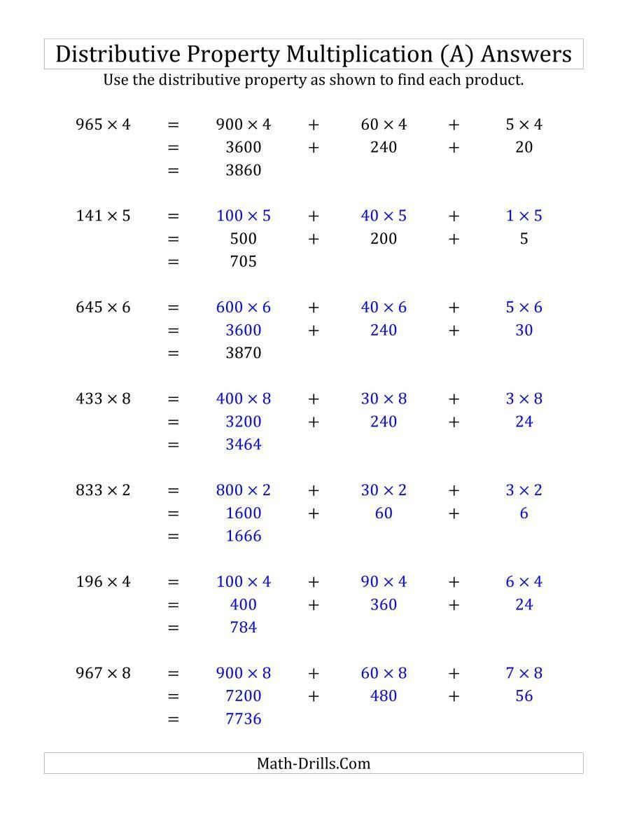 Distributive Property Worksheets Grade 3 Multiply 3 Digit