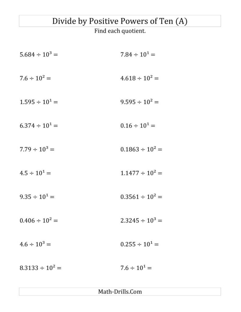 Dividing Decimalspositive Powers Of Ten (Exponent Form) (A)