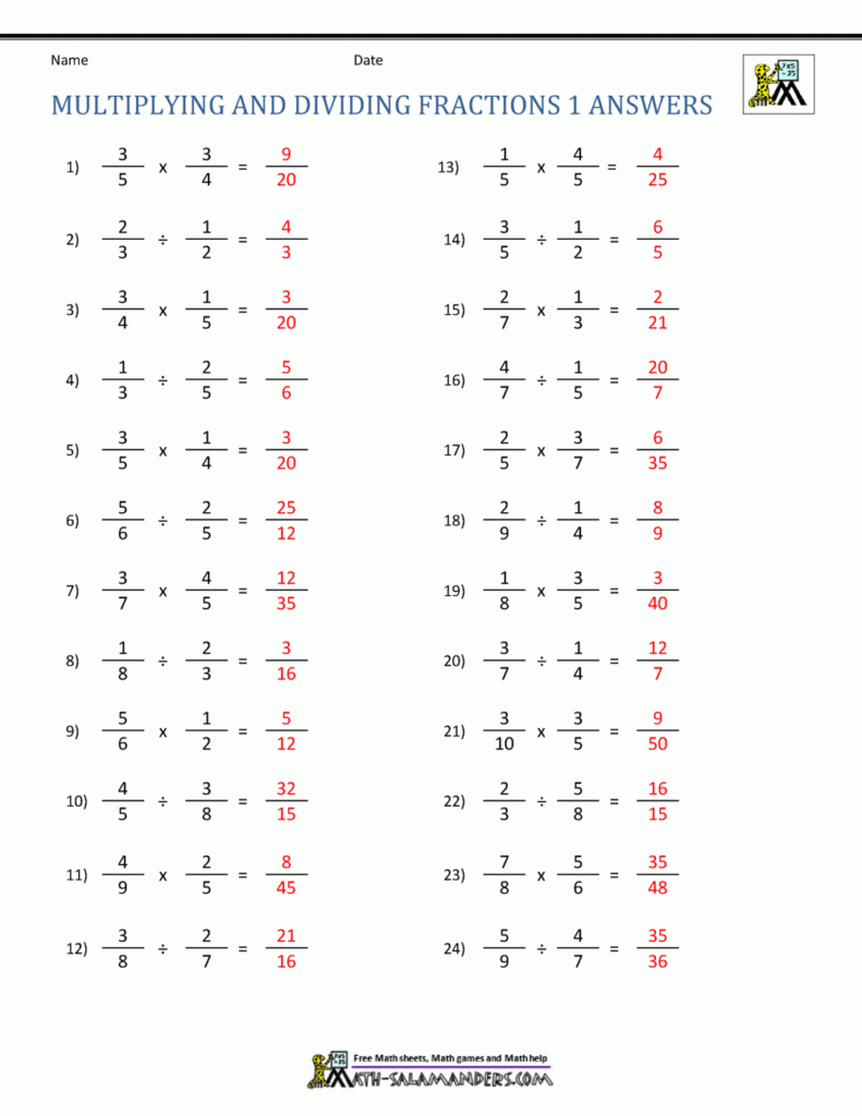 Dividing Fractions Worksheet