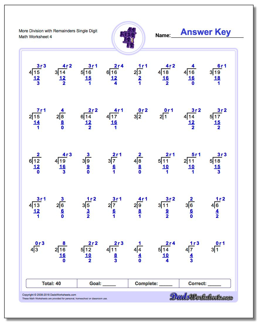 Division With Remainders Fourth Grade Math Worksheets More