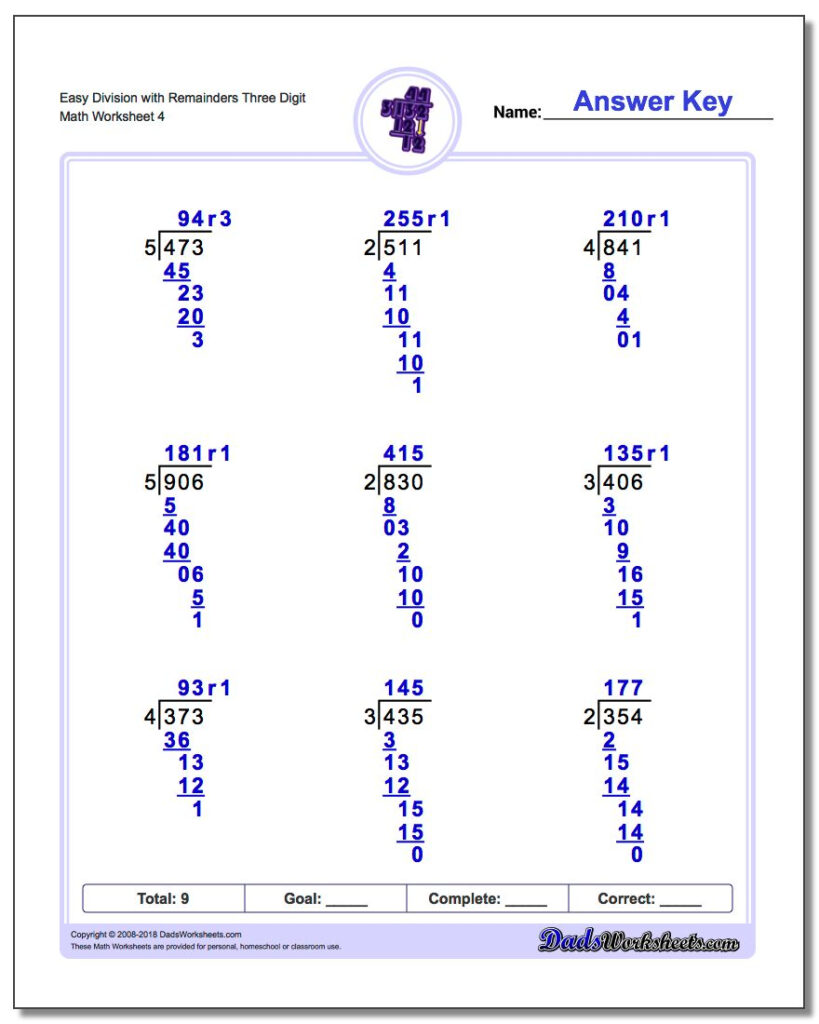 Division With Remainders Triple Digit Worksheets Easy Three