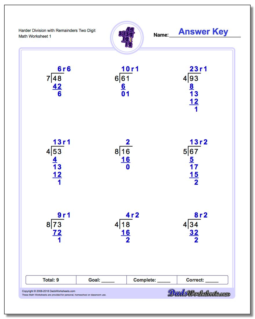 Division With Remainders Worksheets Hard Two Digit V1 Math