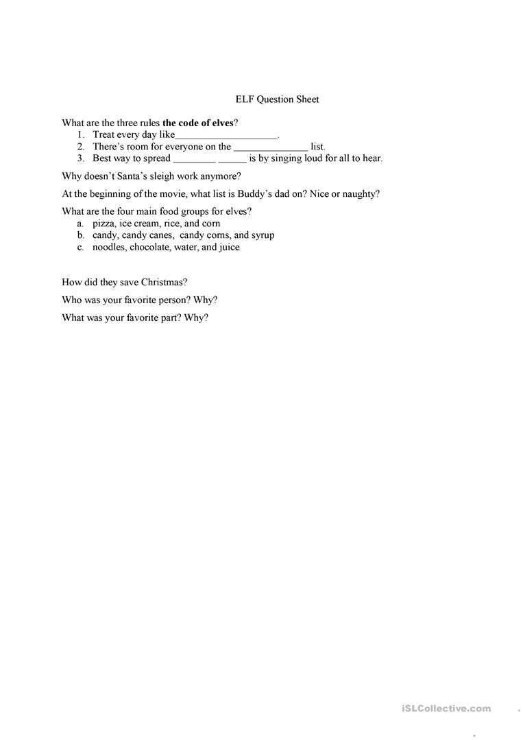 Elf Movie Question Sheet - English Esl Worksheets For